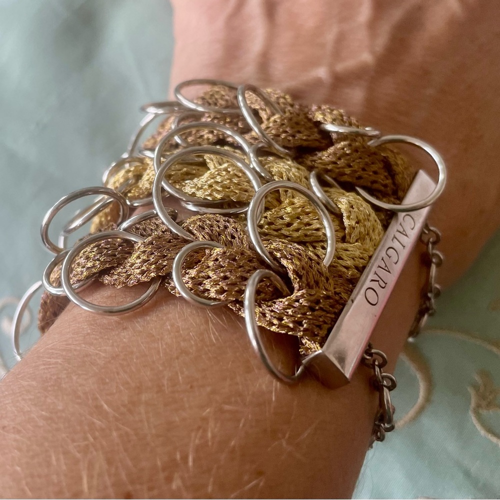 Vintage 925 Silver Bracelet with Silk Golden Braided Fabric - Calgaro (Italy)